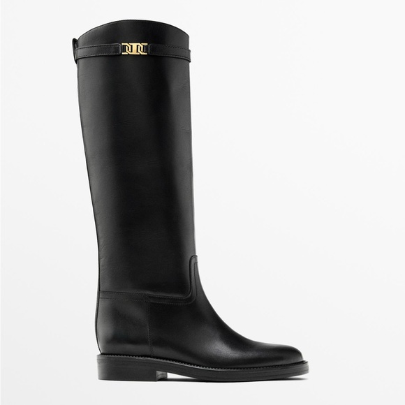 Massimo Dutti Shoes - Massimo Dutti Black Leather Riding Boots with Removable Gold Detail